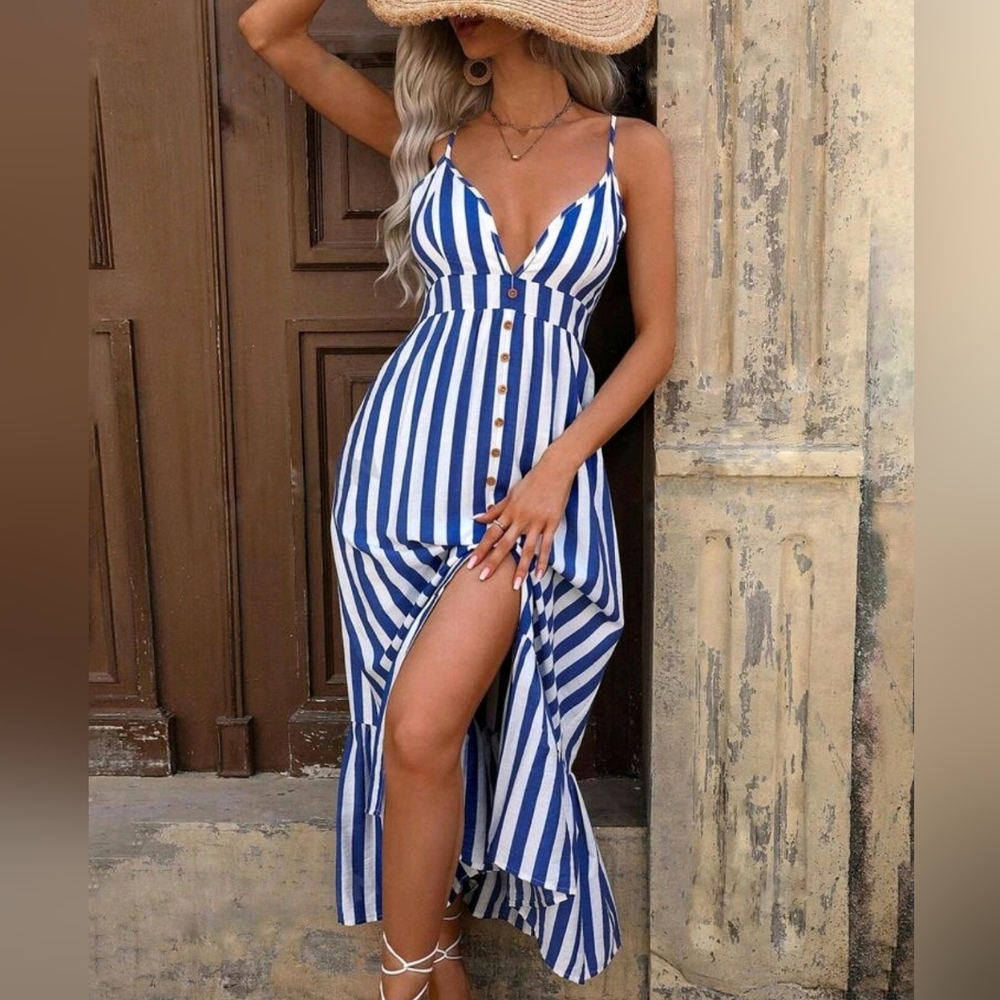 New Nautical Striped Ruffle Hem Long Dress White Blue - Picture 6 of 8